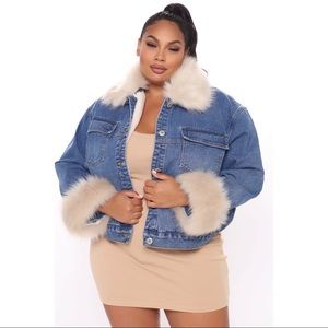 Medium wash denim jacket with fur collar and cuffs
